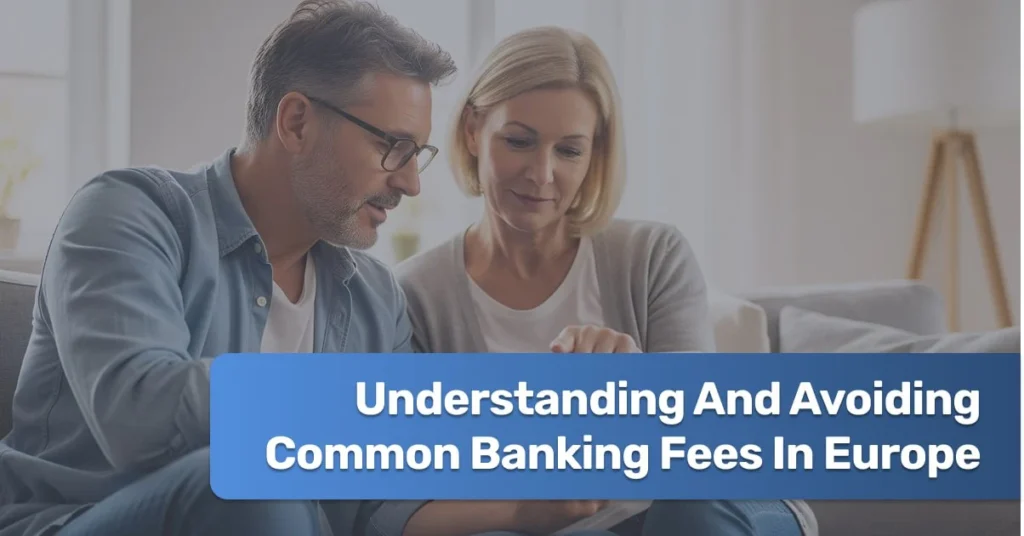 Euro coins and a bank statement highlighting various banking fees in Europe