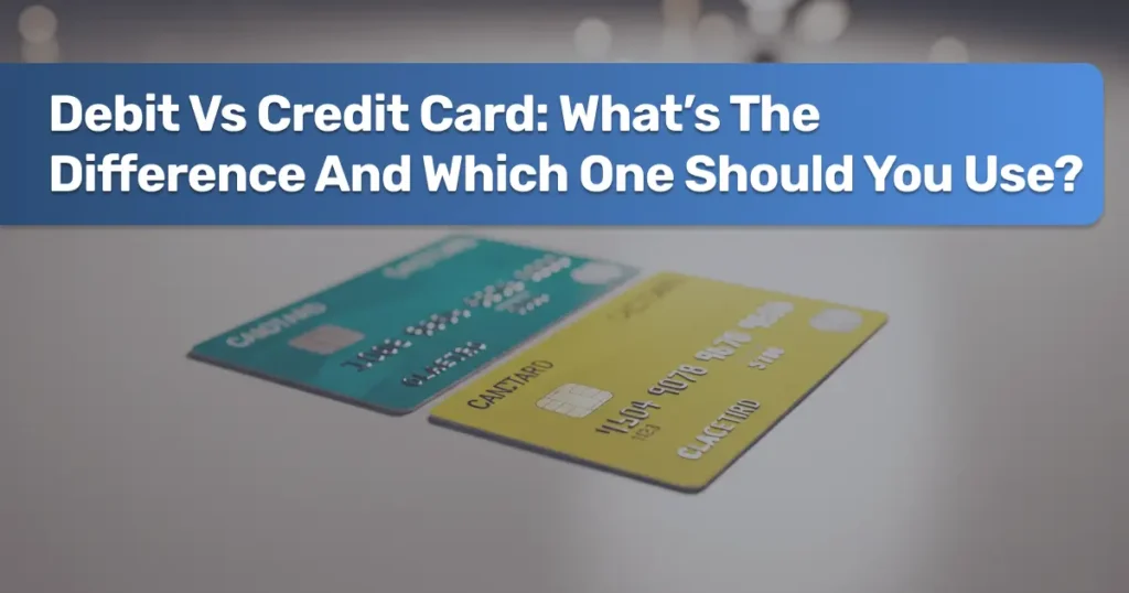 Comparison of debit and credit cards with icons representing spending and payment methods