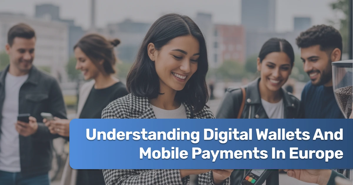 Smartphone showing digital wallet and mobile payment icons in Europe