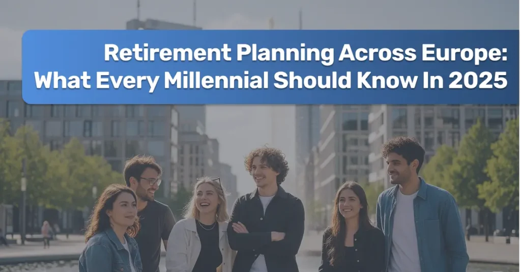 Couple reviewing retirement plans with European landmarks in the background