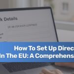 European worker setting up direct deposit on a laptop with banking documents and ID card visible