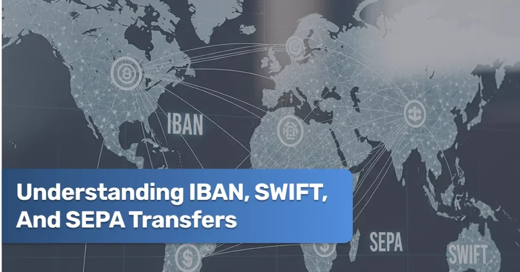 Graphic showing IBAN, SEPA, and SWIFT codes with European map and digital banking icons