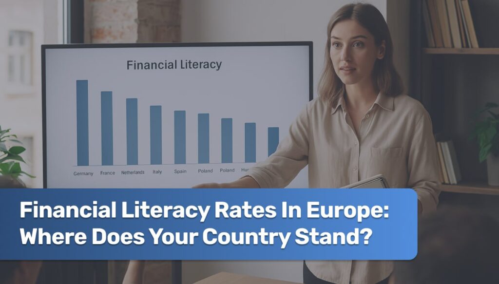 Group of diverse Europeans learning about financial concepts with charts and digital devices.