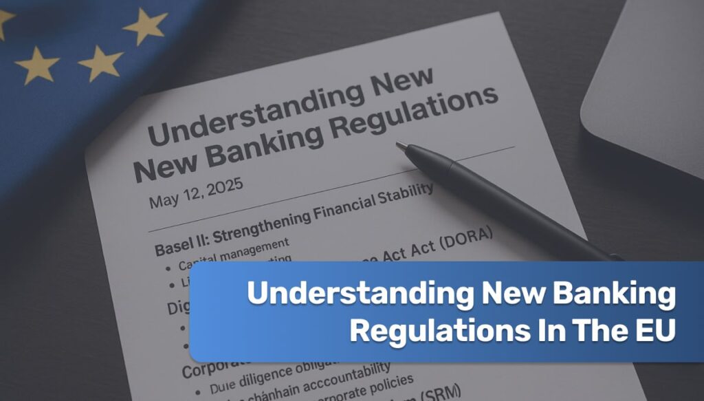 European Union flag with icons representing digital banking and financial regulation.