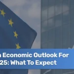 Chart with upward and downward trends over a European map, symbolizing economic forecast for late 2025