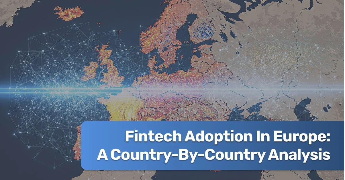 Digital financial technology icons over a map of Europe representing fintech adoption