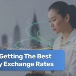 Currency symbols and exchange rate chart representing international money exchange